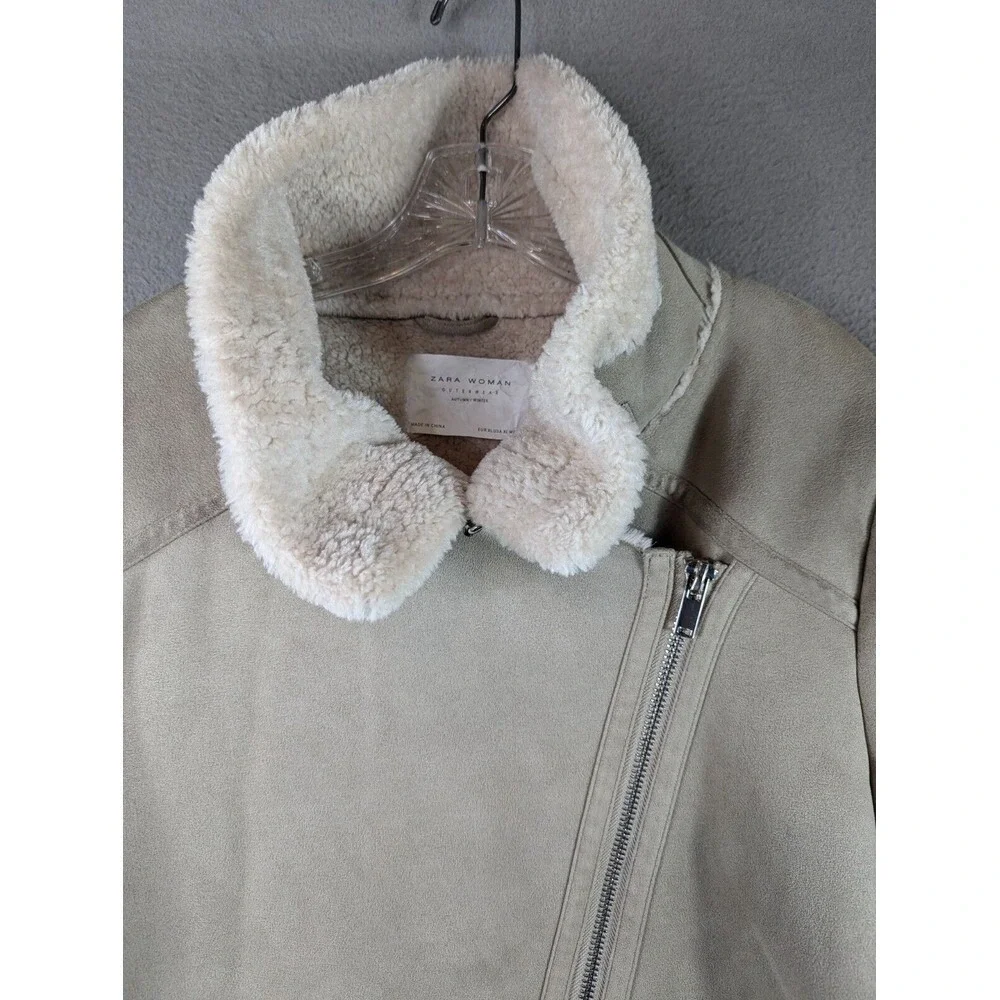 Zara Faux Leather‎ Fleece Coat Womens XL Double Faced Biker Aviator Jacket Boho - Picture 8 of 13